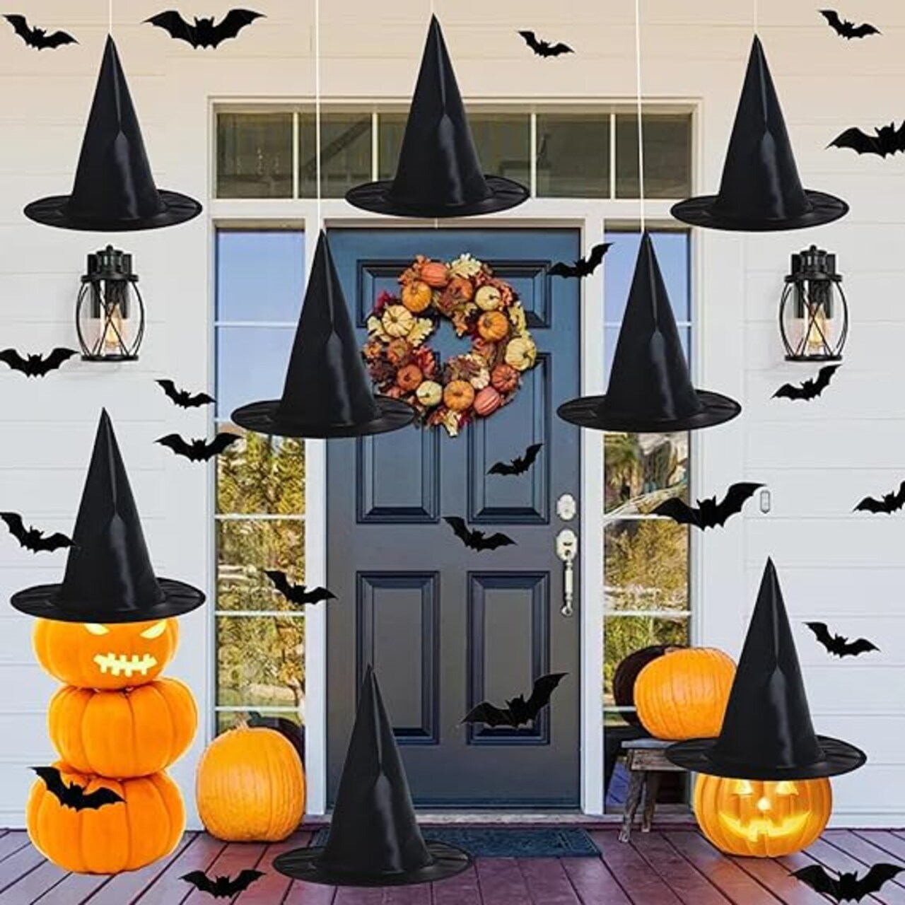 W-Plus Halloween Decorations Witch Hats – 8 Pack Black Hanging Witches Hats with 32 PCS 3D Bats, Indoor/Outdoor Halloween Decor & Witch Costume Accessories for Party Decoration